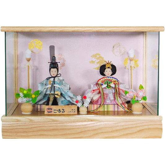 Hina dolls, 38cm wide, cased prince and princess decoration set, spring in full bloom ☆ The pale-colored dolls in a plain wood case are attractive P83307