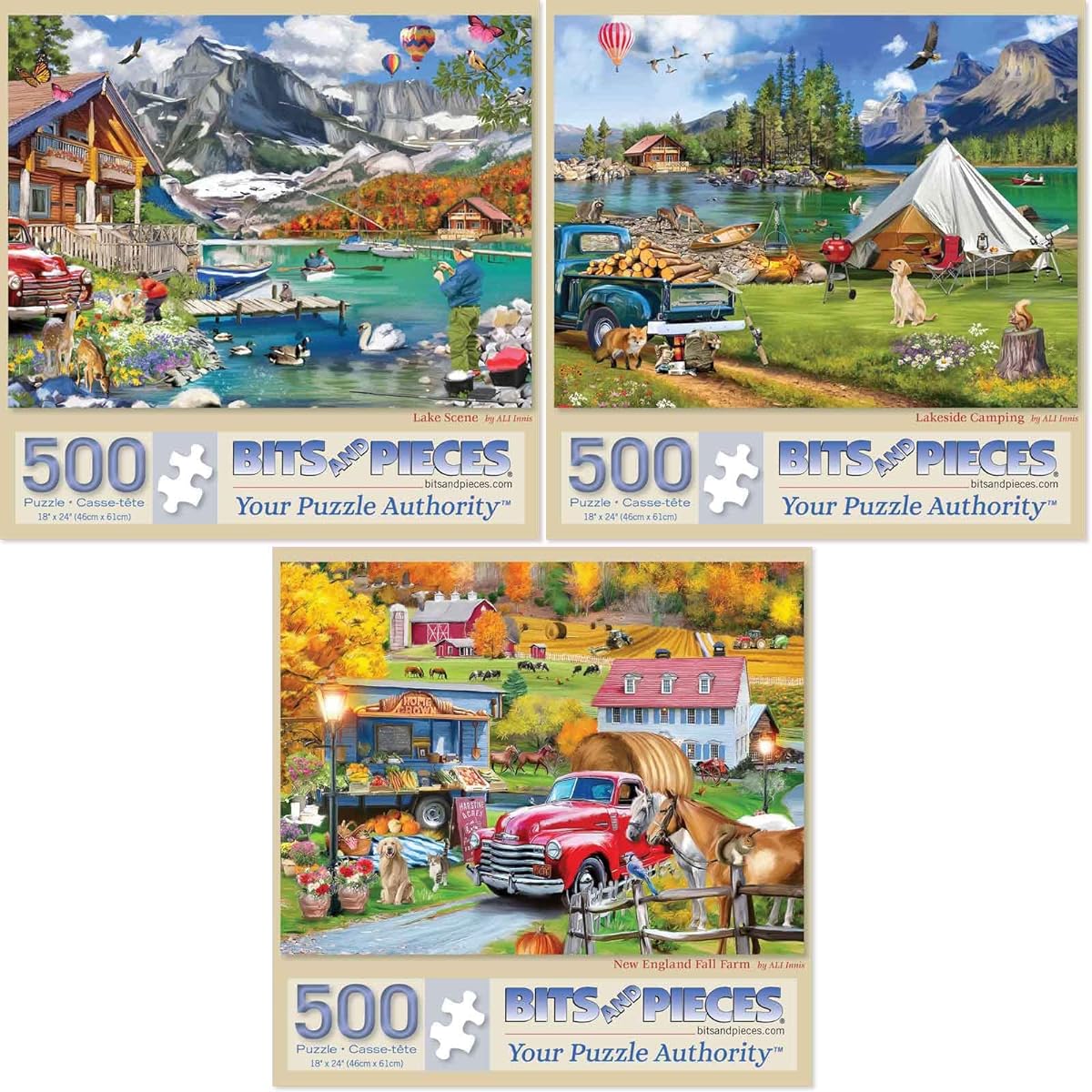 Bits and Pieces 500 Piece Jigsaw Puzzle for Adults - Value Pack of 3 - Puzzle Measures 18" x 24" - 500 Piece Lake & New England Farm Theme Jigsaw Puzzle by ALI Innis