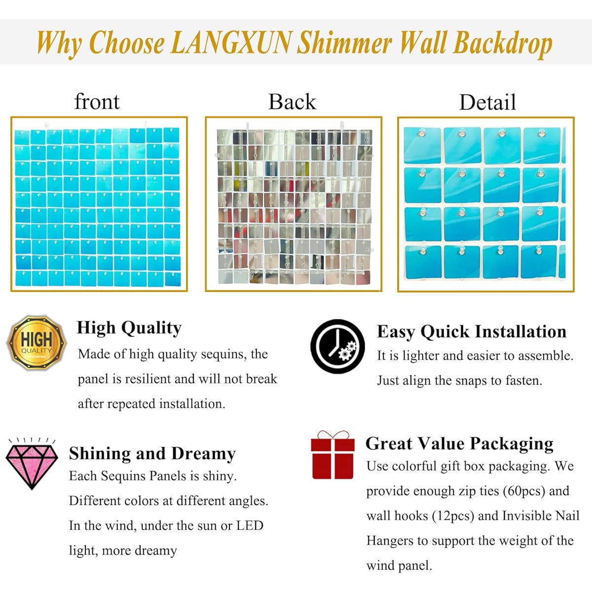 LANGXUN 24 Square Sequin Shimmer Wall Backdrop Panel (Mermaid Blue)
