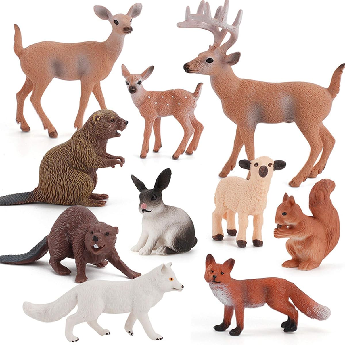 Wildlife Animal Model Toy Playset 10pcs Realistic Animal Figures Toys Deer Fox Beaver Tabletop Decor Collection Party Favors Toys for Kids