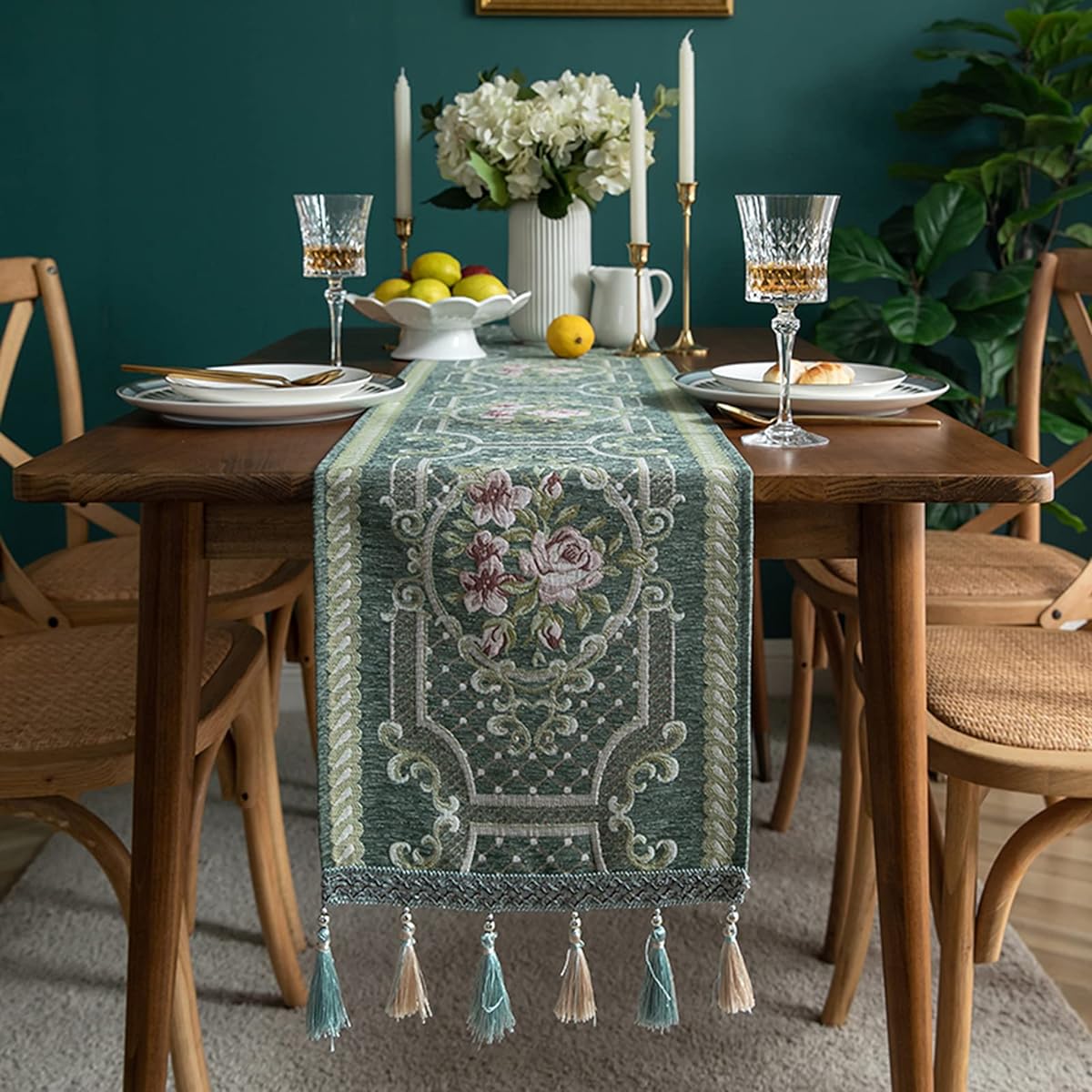 Table Runner Floral Table Flag Dining Table Runner Tablecloth with Tassels Stain Resistant Insulated Non-Slip Easy to Clean Stylish Table Flag Washable Dining Table Decoration Interior Wedding Style 1 Party 35*200cm Home Decoration