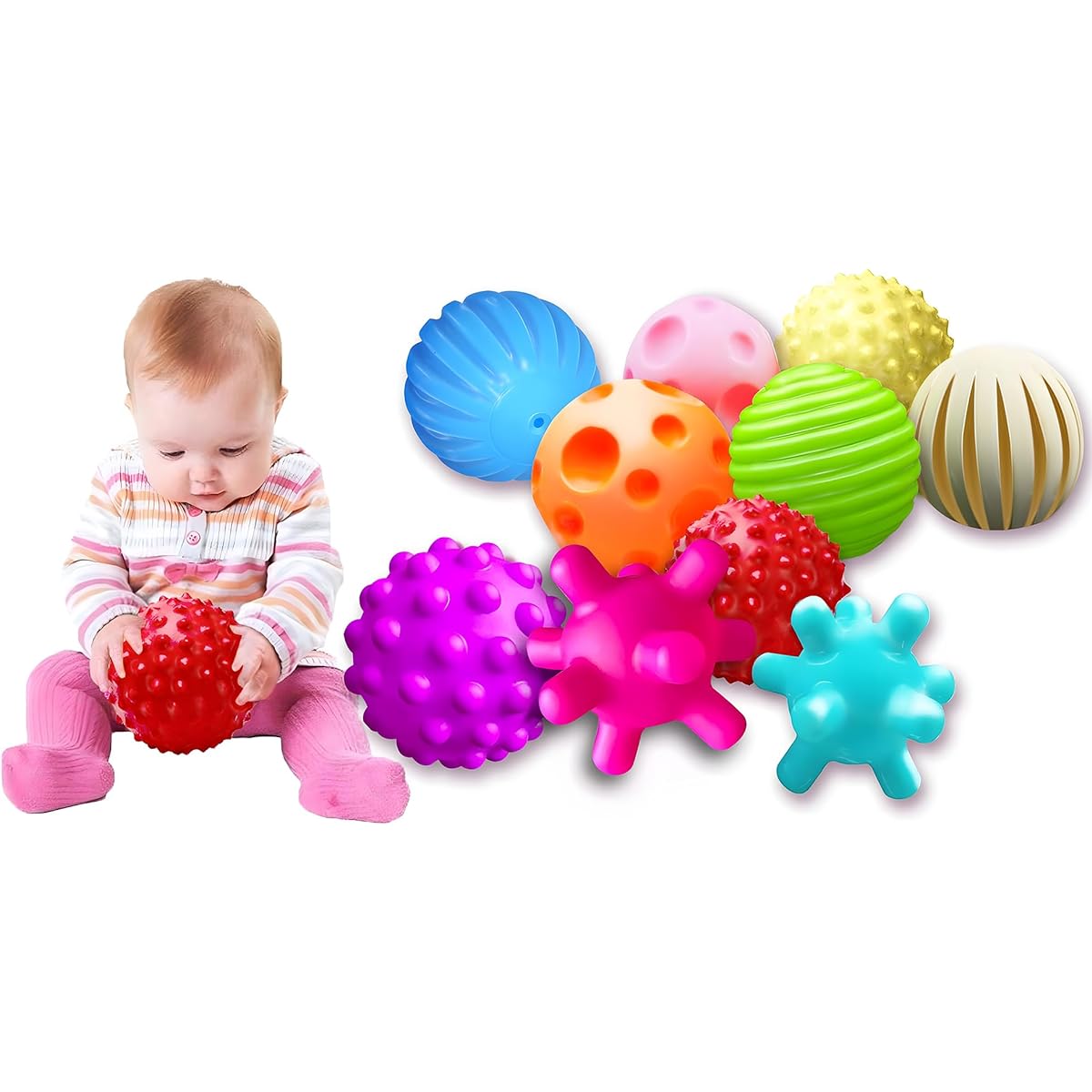 DikDok Sensory Balls 10 Pack for Babies 6-12 Months Baby Toy Balls for Toddlers Infants Small Massager Soft Textured Multi Ball Set