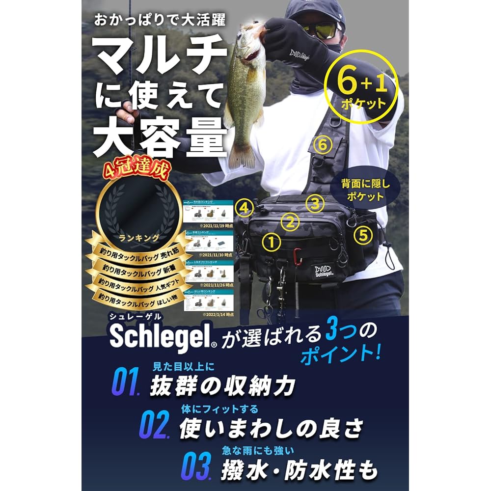 Schlegel [Waterproof Double Zipper & Tarpaulin Waterproof] Fishing Bag with Loop Handle Fishing Bag Large Capacity Waterproof Water Repellent Multifunctional Tackle Bag Rangan Bag One Shoulder Bag Detachable Waist Belt Schlegel