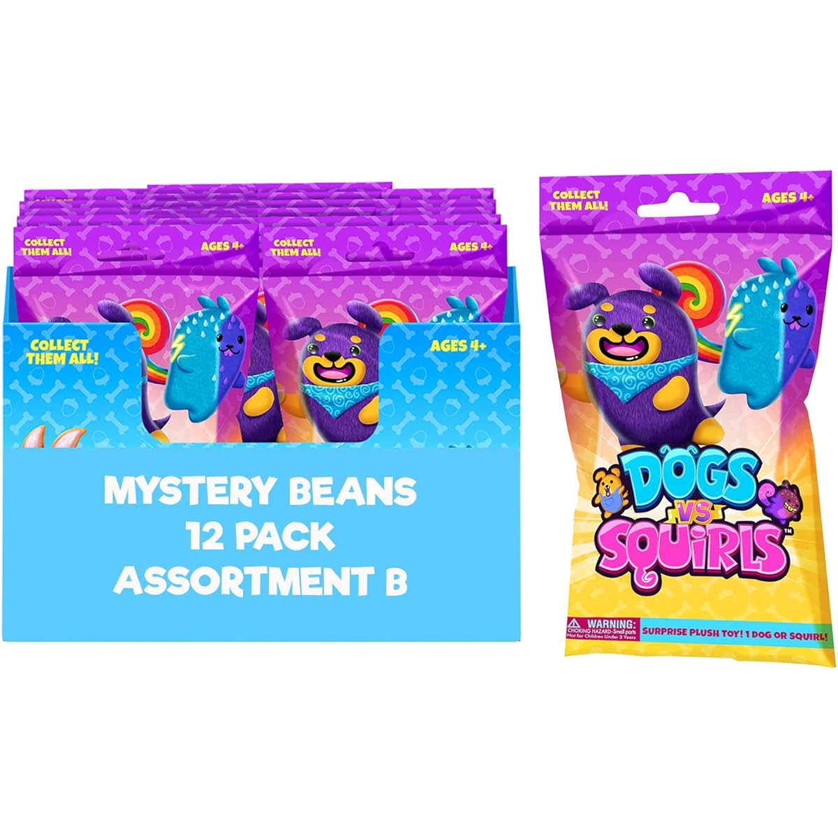 Dogs vs Squirls - Mystery Bag - 12 Pack Assorted B - 4" Exclusive Super Soft & Bean Filled Plush! Collect them as stocking stuffers! Great for kids, boys and girls!