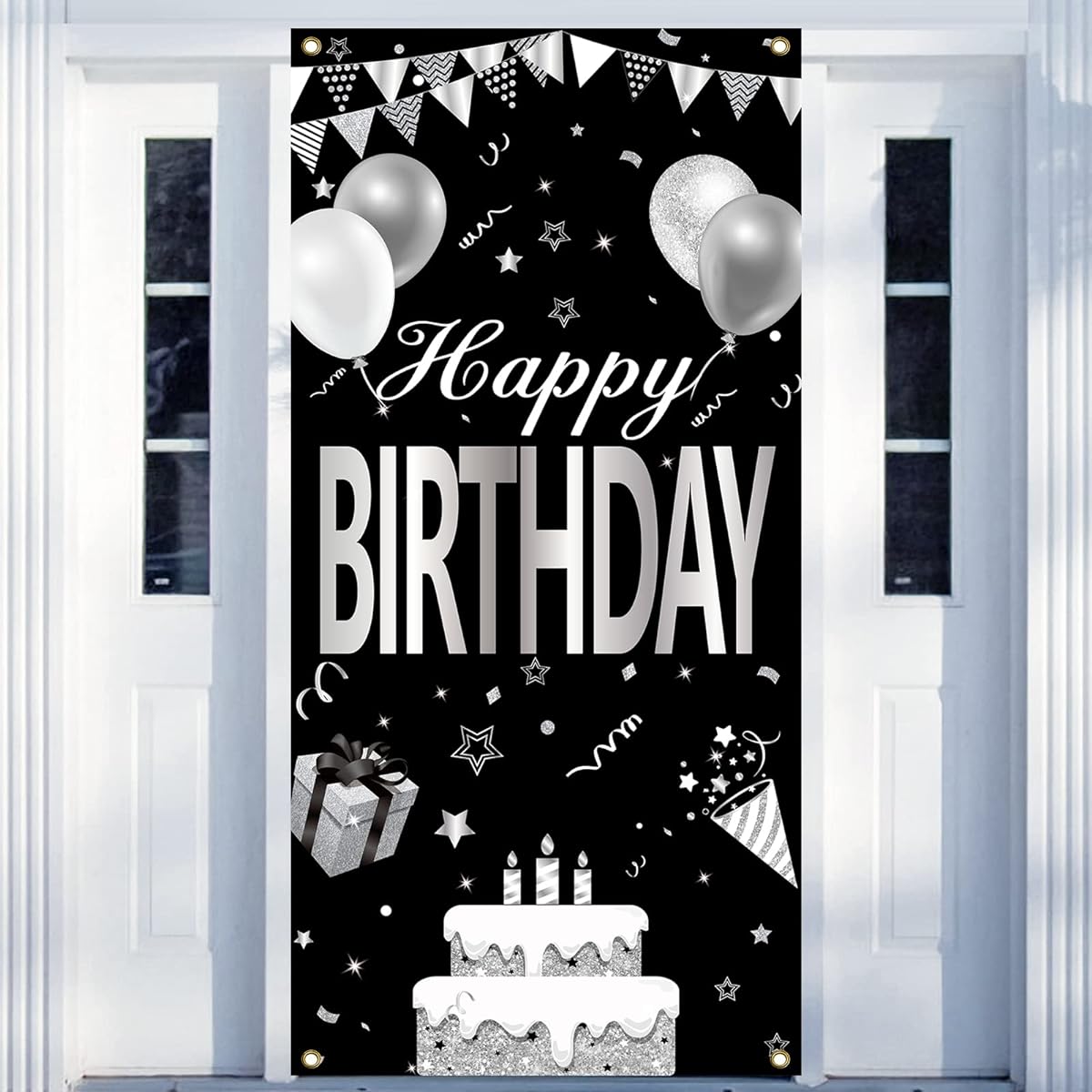 Black White Silver Happy Birthday Door Banner Decorations for Men Women Black Silver Happy Birthday Door Cover Backdrop Sign Party Supplies 16th 21st 30th 40th 50th 60th Birthday Poster Background Decor