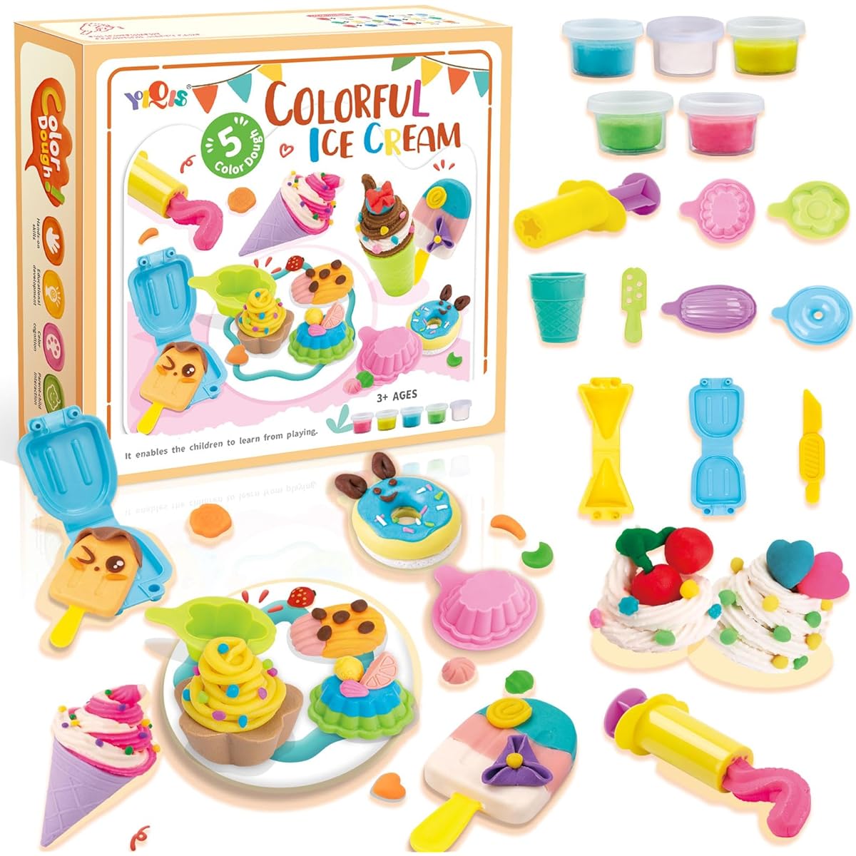 HASAYAQI Dough Kitchen Creations Ice Cream Party Play Food Set with 5 Modeling Compound Colors, 1 oz. Can, 5829-B