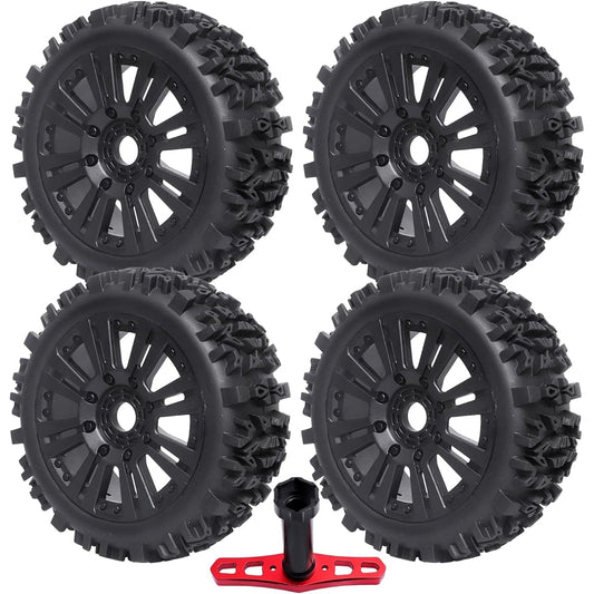 4pcs RC 1/8 Off-Road Buggy Tire & Wheel Rim Set Rubber Tyres with Glue for Arrma Typhon Traxxas Losi Tekno