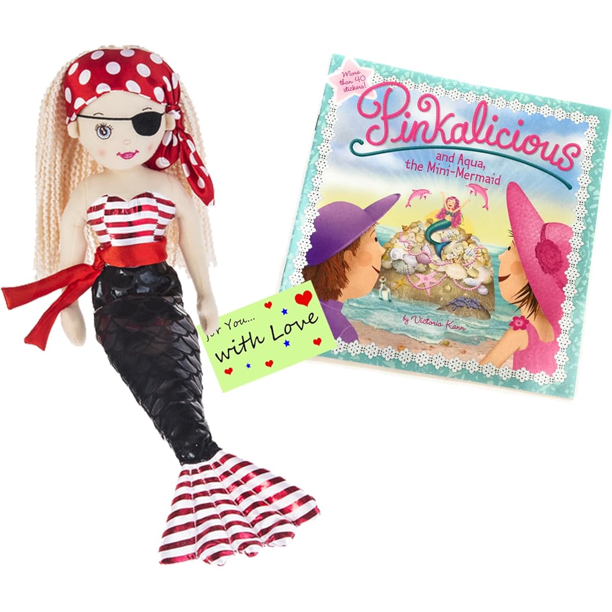Girls Mermaid Doll PIRATE SHELLY Blonde Hair w/Pinkalicious and Aqua, the Mini-Mermaid Book w/ Stickers & Gift Tag