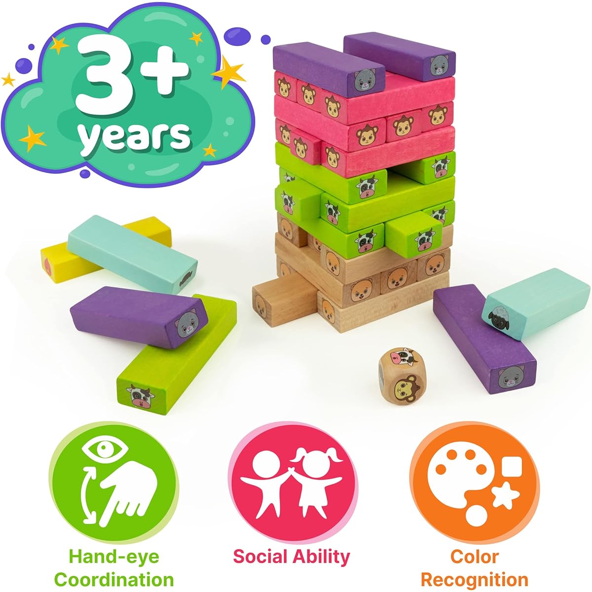 Bimi Boo Stacking Game for Kids Ages 3+ Wooden Tumbling Tower Game with Animal Face Patterns and Dice, Set of 54 Colors, Tumbling Towers, Tumbling Blocks