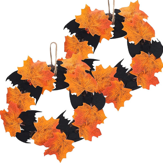 XHXSTORE 2pcs Halloween Maple Leaf Wreath Small Fall Wreath 10inch Bat Wreath for Front Door Halloween Fireplace Home Indoor Wall Harvest Party Decoration