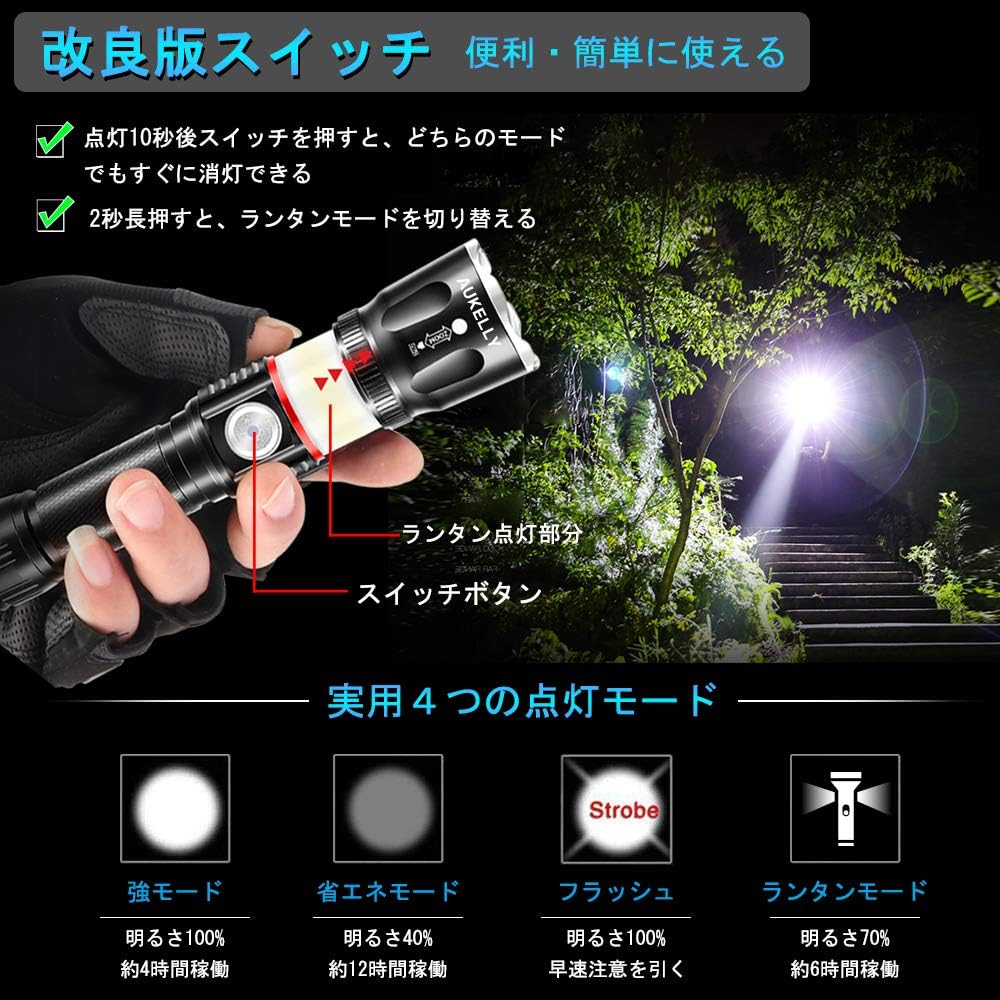 LED Flashlight Rechargeable Powerful LED Handy Light USB Rechargeable Flashlight Magnet High Brightness 4 Modes Battery Level Waterproof Function Power Outage Disaster Prevention Military Camping Outdoor Night Fishing [Flashlight & Lantern 2in1]