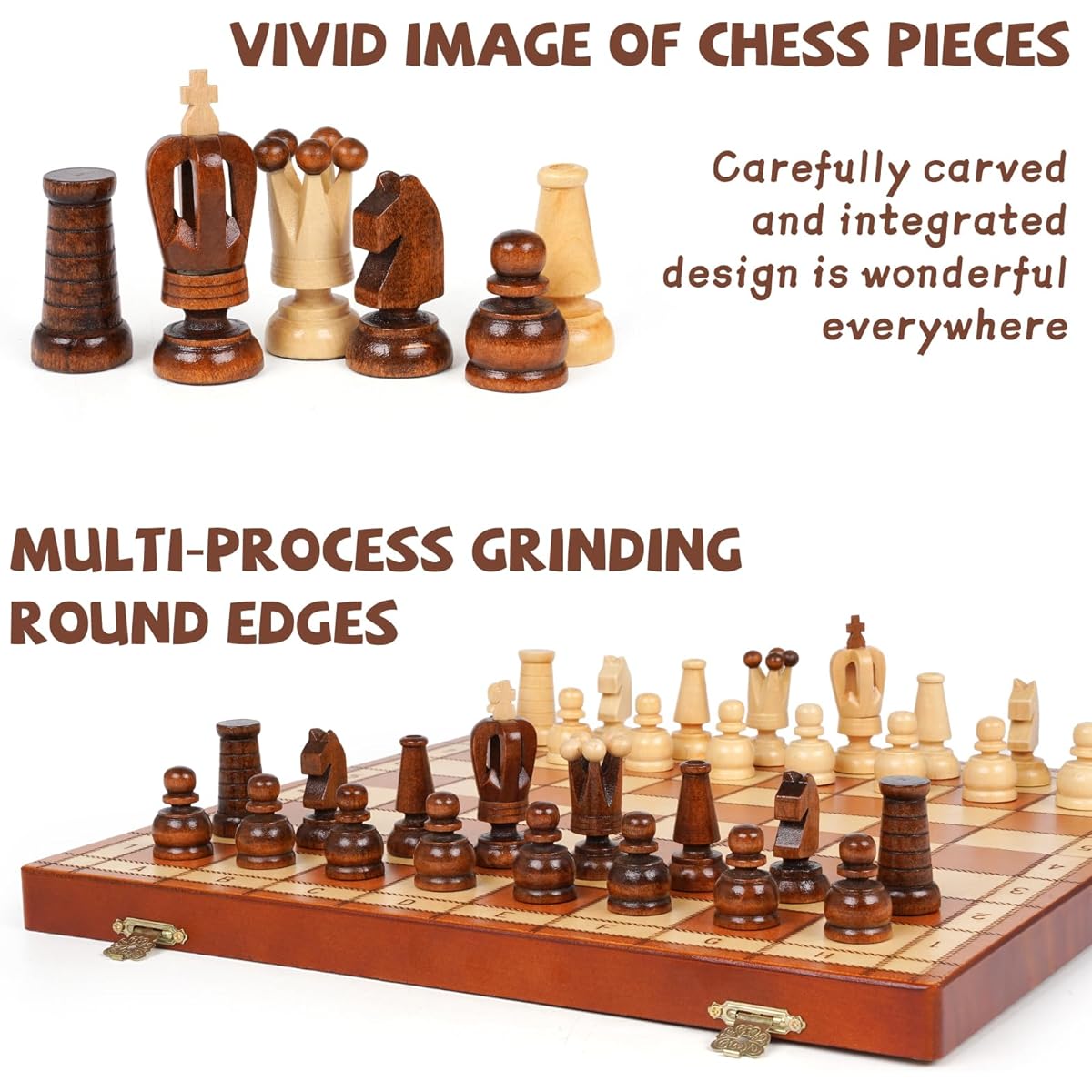 13.5" Magnetic Wooden Chess Set - 2 Queens - Foldable Chess Board - Chess Piece Storage Slots Handmade Portable Travel Chess Game - Beginner Chess Set for Kids and Adults