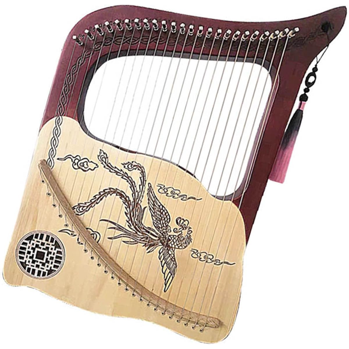 WowZza 24 String Harp Lyre Handmade Carved Portable Pattern Wooden Musical Instrument Lyre Harp for Beginners