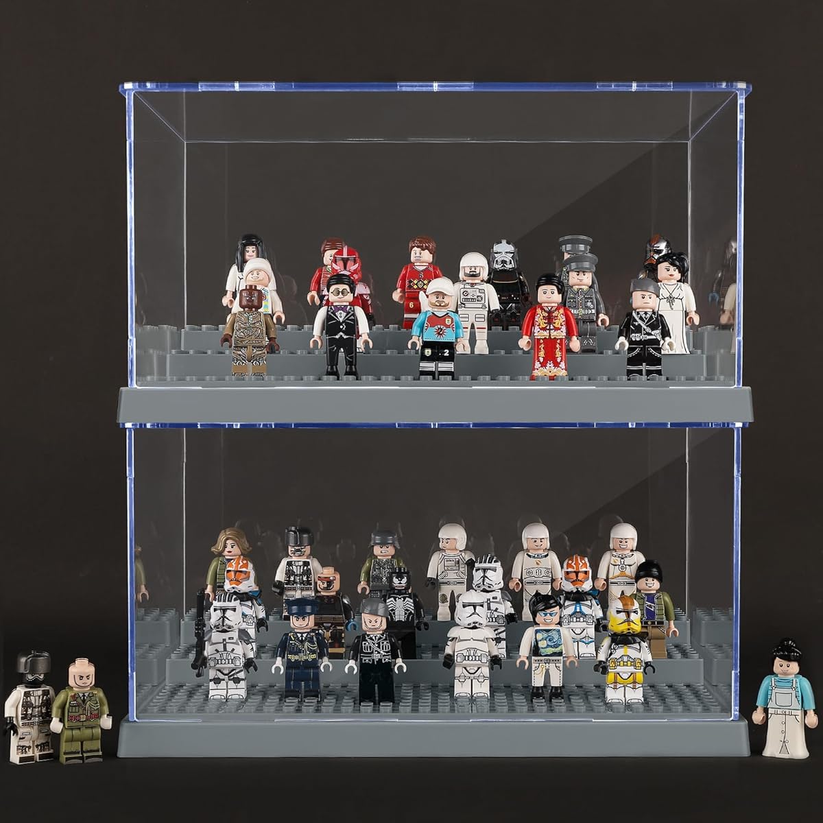 4 Pack Display Case for Mini Figure Action Figure Blocks, Acrylic Mini Figure Display Case Box Storage with 3 Movable Steps, Gift for Kids/Adults (Gray)
