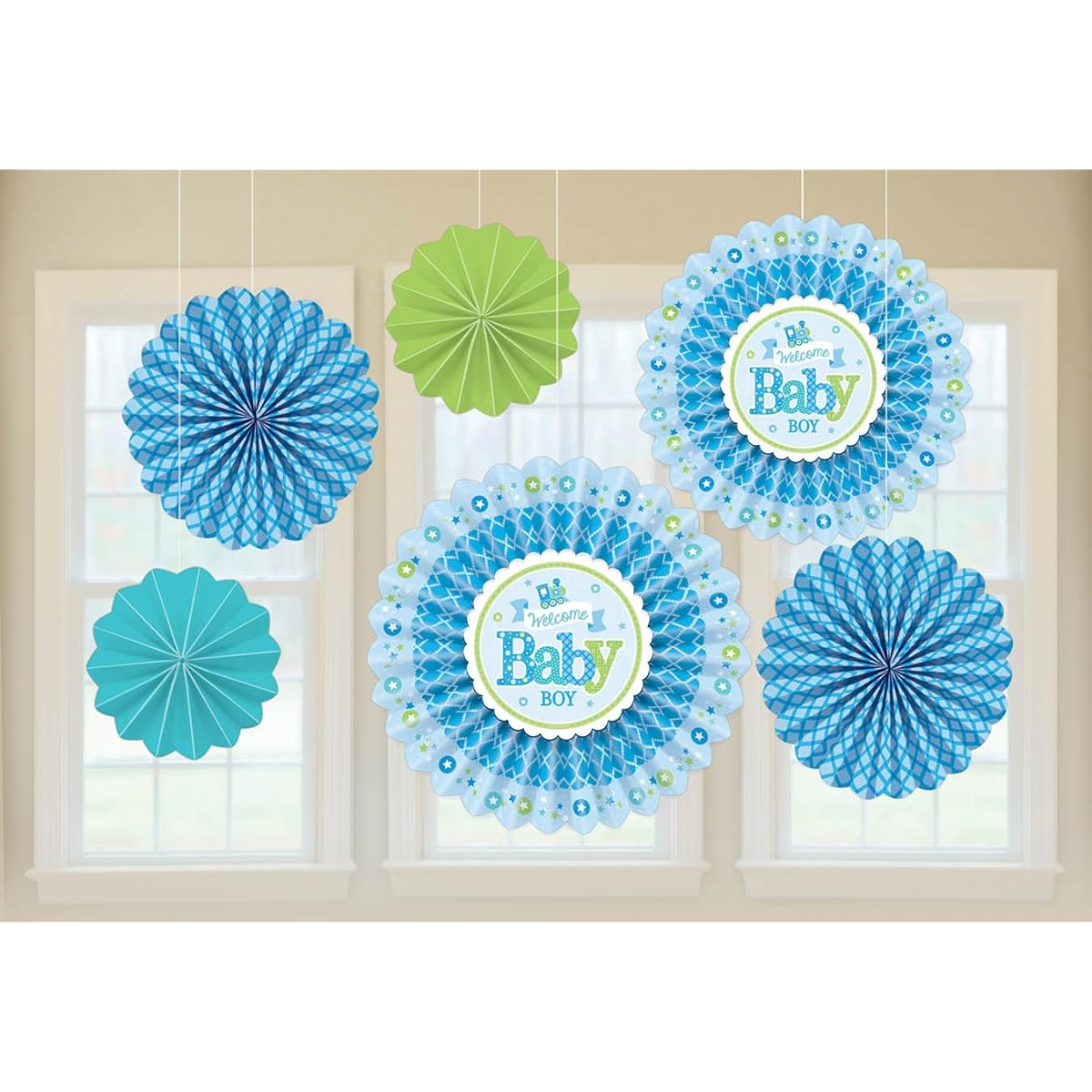 6 Little Blue WELCOME Baby Boy Shower Party Hanging Paper Fan Decorations