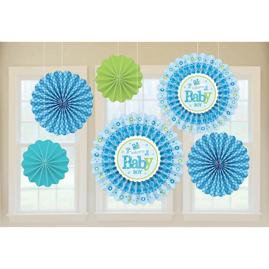 6 Little Blue WELCOME Baby Boy Shower Party Hanging Paper Fan Decorations