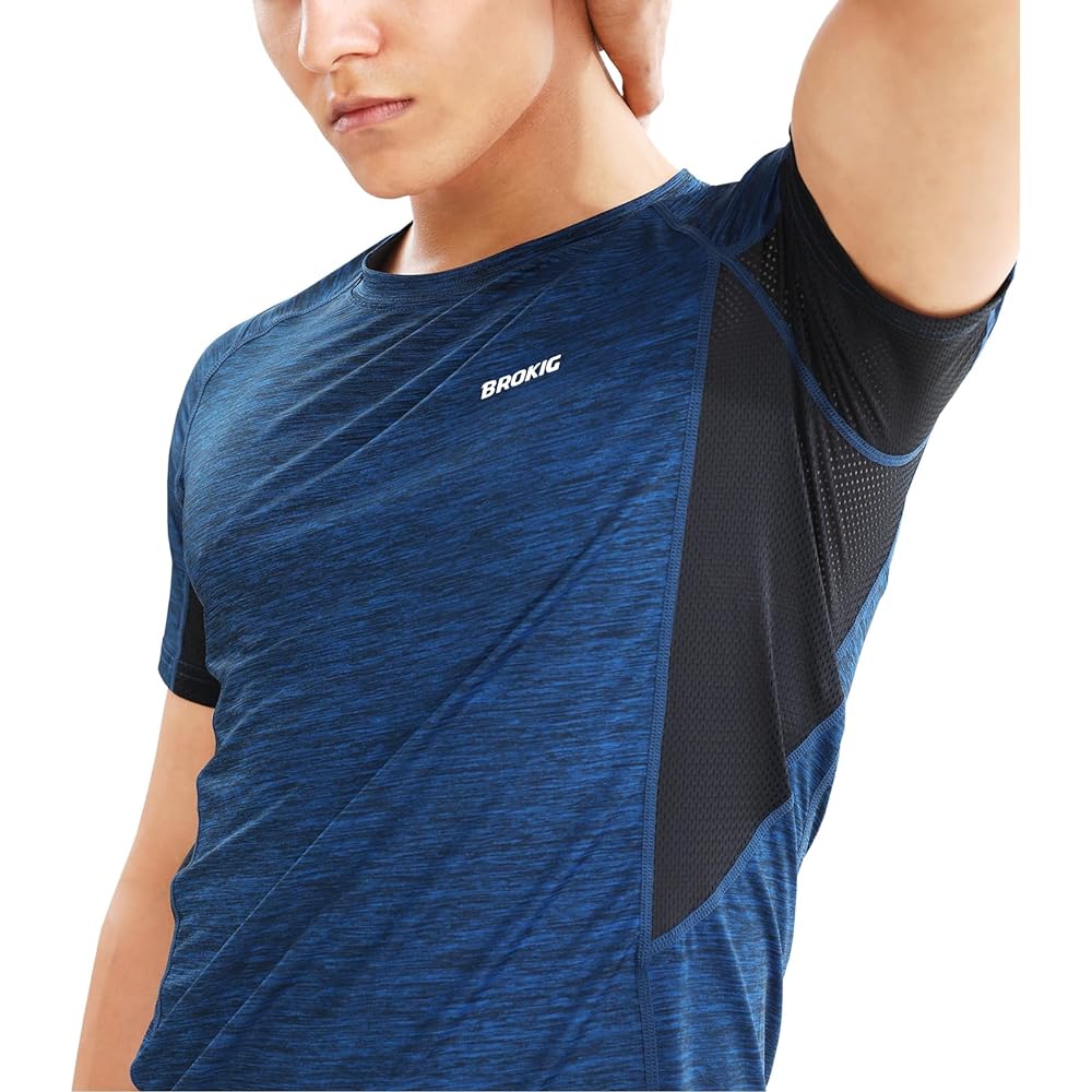 [BROKIG] Training Short Sleeve T-Shirt, Men's [Breathable, Sweat Absorbent, Quick Drying, Cool Feeling] Gym T-Shirt, Mesh Sports Shirt, Training Wear, Fitness, Stretch, Muscle Training Shirt