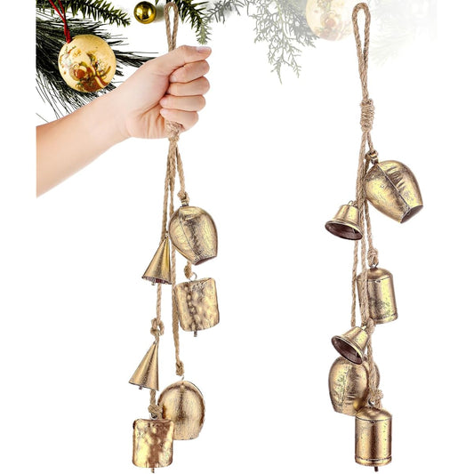 Tandefio Set of 2 Christmas Large Metal Cowbells Handmade 23.6" Long Christmas Hanging Rustic Lucky Cowbells on Rope Vintage Christmas Wreath Indoor Outdoor Wall Decor Bells (Original)