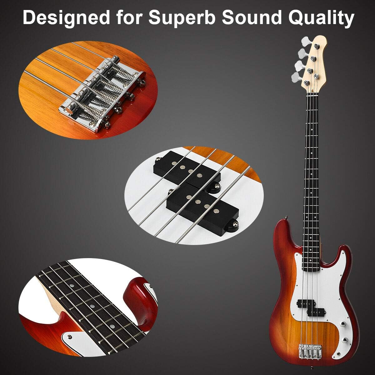 Costzon Full Size Electric 4 String Bass Guitar Beginner Complete Kit with Rose Fingerboard and Bridge, 2 Pickups, Tone Control, Guitar Bag, Strap, Guitar Picks, Amp Cord (Sunburst)