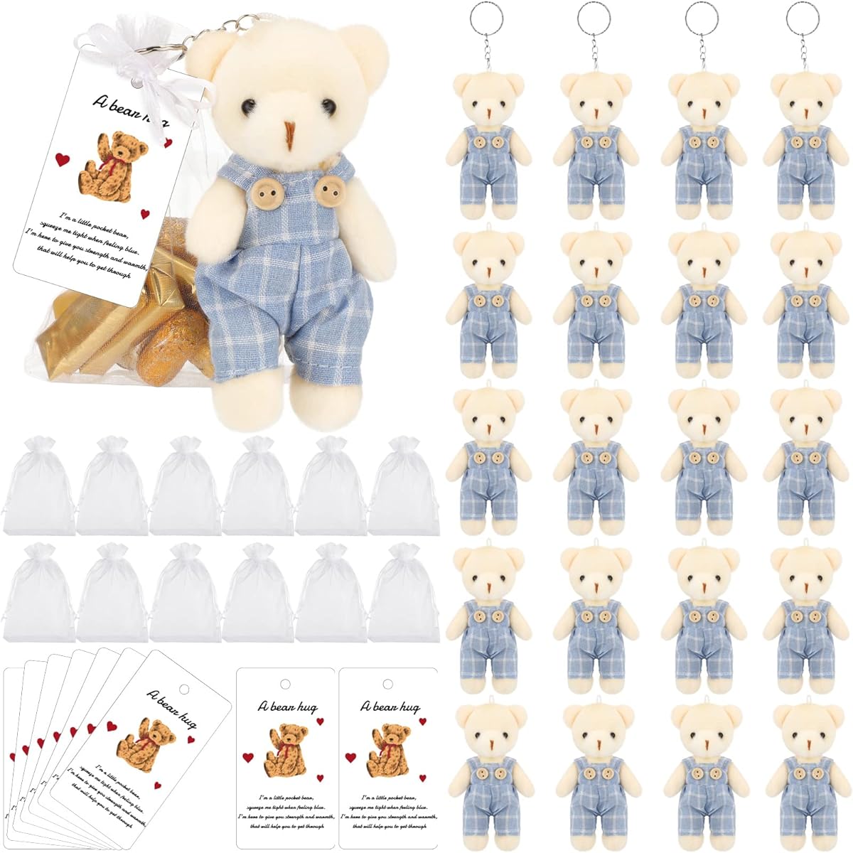 20 Sets Miniature Bear with Costume Stuffed Animal Bear Decoration 4.7'' Bear Baby Shower Doll Favor Bear Hug Gift Card White Organza Bag for Guest/Baby Shower/Souvenir/Birthday Party (Blue)