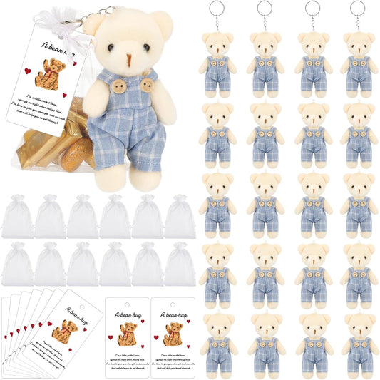 20 Sets Miniature Bear with Costume Stuffed Animal Bear Decoration 4.7'' Bear Baby Shower Doll Favor Bear Hug Gift Card White Organza Bag for Guest/Baby Shower/Souvenir/Birthday Party (Blue)