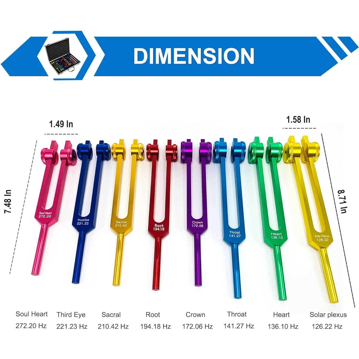 Chakra Tuning Fork Set for Healing 7 Chakras + 1 Soul Purpose Weighted Tuning Fork with Exquisite Aluminum Gift Box Multi-color (126.22 Hz 136.1 Hz 141.27 Hz 172.06 Hz etc.)