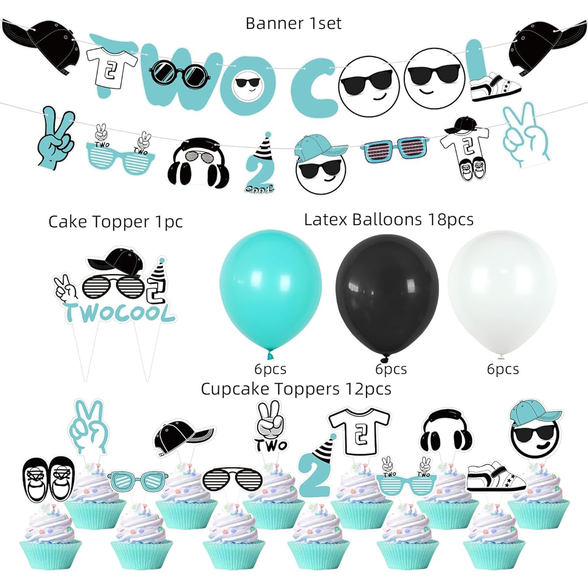 32 Pieces 2 Cool Birthday Party Decorations Cute 2nd Birthday Decorations for Boys Stylish Little Man 2nd Boy Birthday Decorations Set with Theme Banner Cake & Cupcake Toppers Balloons