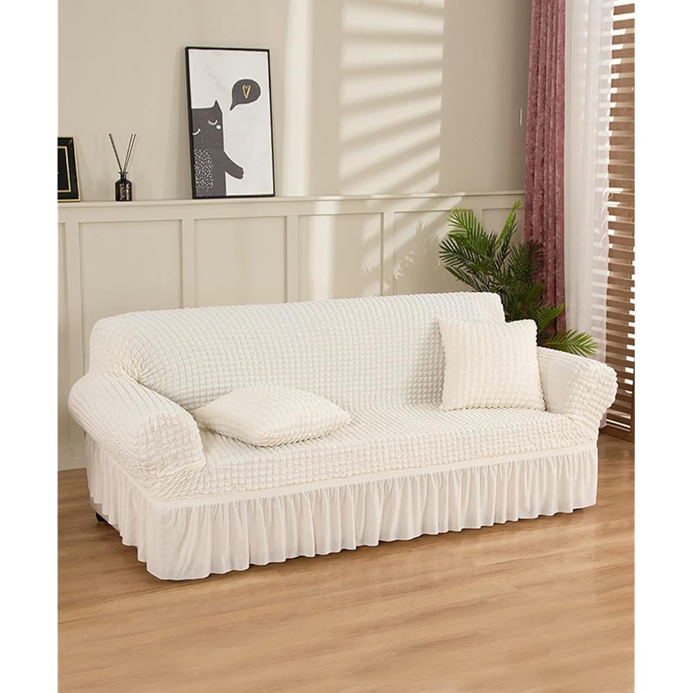 Sofa cover with armrests, stretch, frilled sofa cover, Nordic, just put it on, stretchy, fitted cover, stretchy, easy to install, washable, machine washable [off-white, 3-seater (190-230cm)]