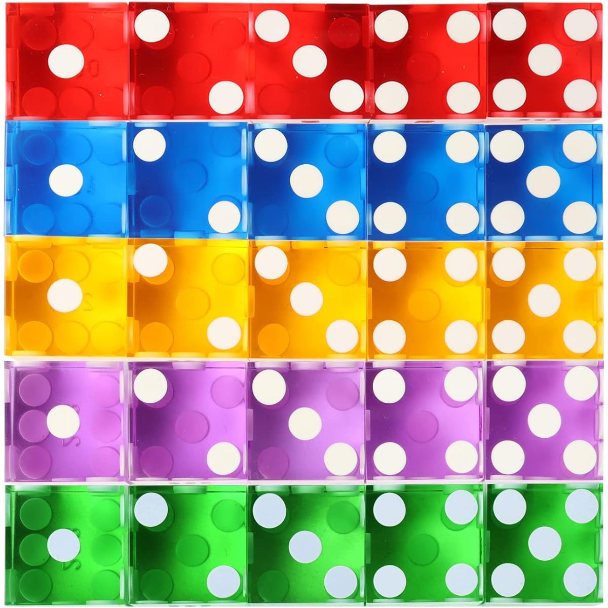 AAA Grade 19mm Pro Vegas Casino Style Craps Dice Set - 25 Pieces with Sharp Edges & Matching Serial Numbers - RPG Dice Stacking for Yahtzee Dice Game - Multicolor
