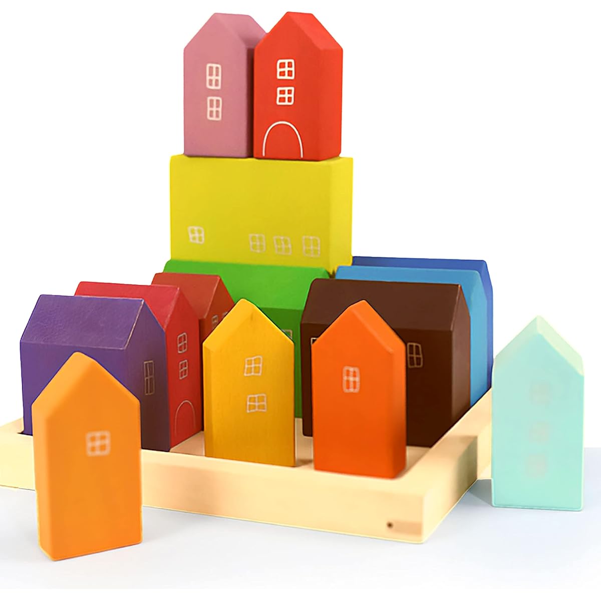 Curious Melodies: Blockworldds - Colorful Viriage House Scene Building Blocks Wooden Toys - Tray Set (15 Pieces)