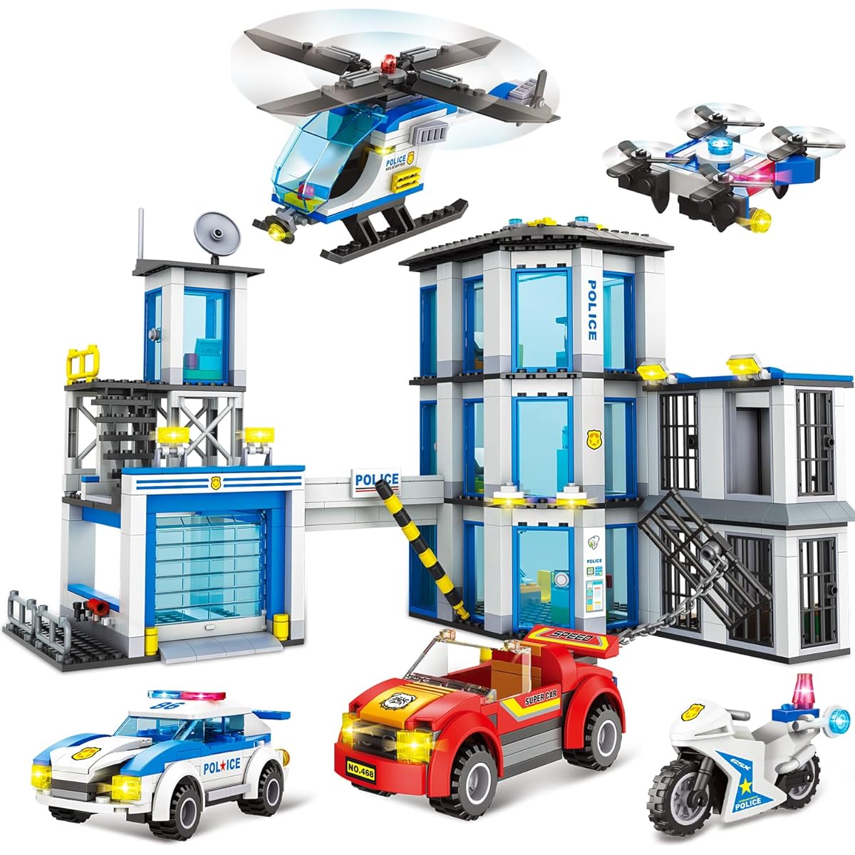 City Police Command Center Station 3-Story Building Kit Police Car Prison Watchtower Garage Helicopter Creative Building Blocks Toys Birthday Gift for Boys Ages 6-12 (879 Pieces)