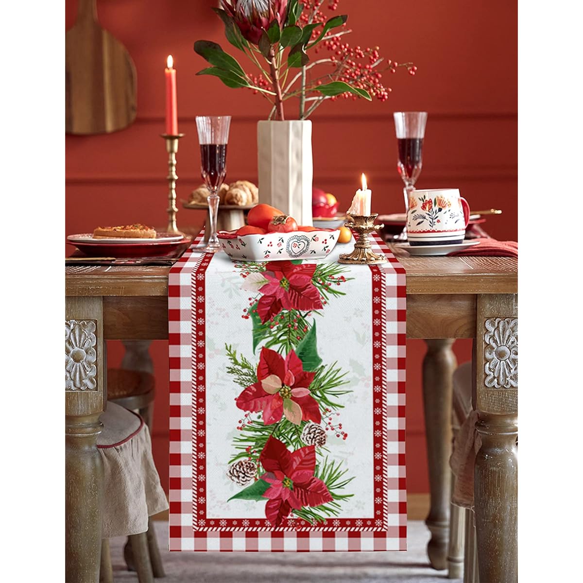 Houseown Christmas Table Runner Berry Pine Tree Rustic Table Runner for Holiday Birthday Party Kitchen Dining Table Home Decoration 13 x 108 Inch