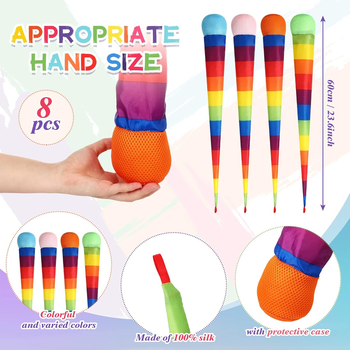 Leyndo 8pcs Throw & Catch Balls with Rainbow Tails, Soft Rainbow Play Balls Sports Comet Balls Playground Toys Bulk for Indoor/Outdoor Games and Activities, Fun to Throw for School, 25.59" Long