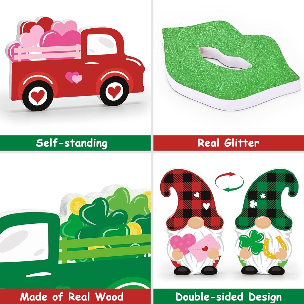 Valentine's Day Tiered Tray Decor, Reversible St. Patrick's Day Wooden Block, Red Truck, Valentine's Day Wooden Gnomes, Irish Kisses Lip Sign, Love Luck Mini Banner, Farmhouse Kitchen Decorations, Pack of 5