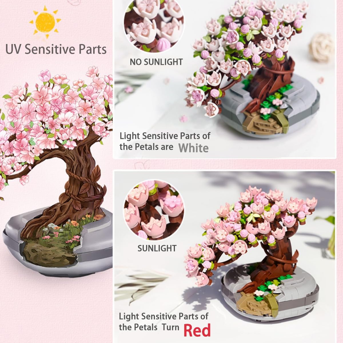 Building Blocks for Adults - Cherry Blossom Tree Building Toy Bonsai Plant Collection Toy Construction Set Plants and Flowers DIY Home Decoration Gifts for Women Kids (NOT Compatible with Lego)