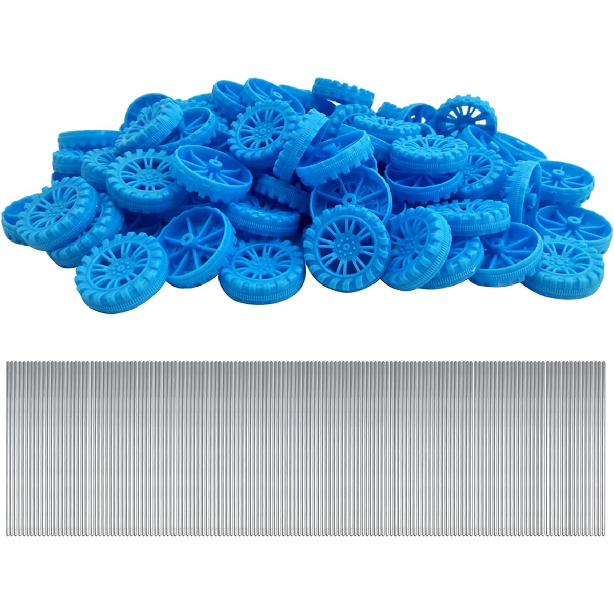 EUDAX 300pcs 30mmx8mm Plastic Rolls 2mm Diameter Shaft Toy Wheels 2mmx100mm STEM Shafts Round Rod Axles for DIY Toys RC Car Truck Boat Helicopter Model Parts Building Projects (Blue)