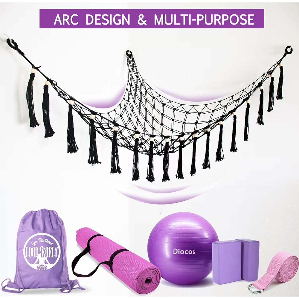 Diocos Exercise Ball Holder Yoga Ball Rack Corner Hanging Storage Net or Hammock Fitness Ball Balance Ball Organizer Pregnancy Stability Ball Swiss Balance Ball for Yoga Studio and Gym