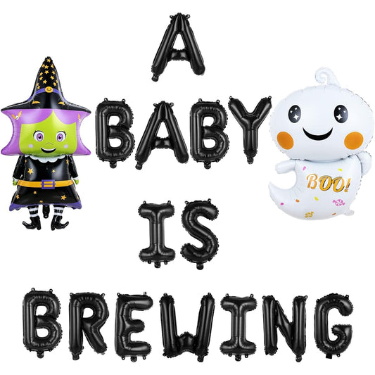 A Baby is Brewing Baby Shower Decorations - A Baby is Brewing Balloon Banner and Halloween Witch Ghost Foil Balloons, A Baby is Brewing Baby Shower Halloween Decorations, Halloween Decorations.