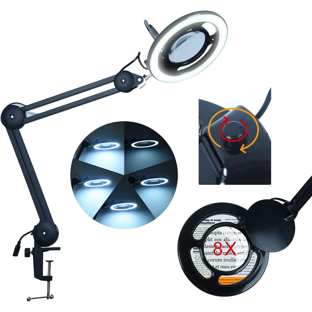 LED Magnifier with Light 8x Real Glass Desk Lamp & Clamp Stepless Dimming LED Light with Loupe Light for Hobby Reading Sewing Crafts Repair Close Work (Black)