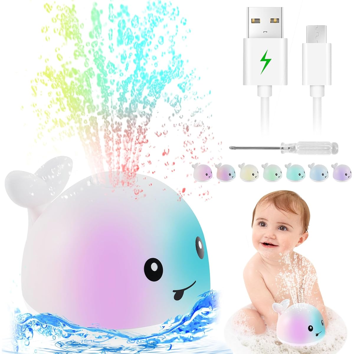Baby Whale Bath Toy, Funny Water Squirting Whale Light Up Bath Toy Rechargeable 1200mAh Toddler Bathtub Toys Kids Bathroom Pool Toys (White)