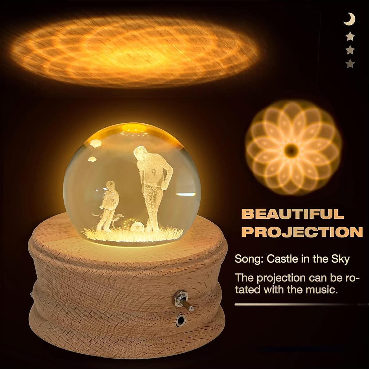 Kibuhain 3D Crystal Ball Music Box with Projection LED Light and Rotating Wooden Base Christmas Birthday Valentine's Day Music Box for Women Mom Girls