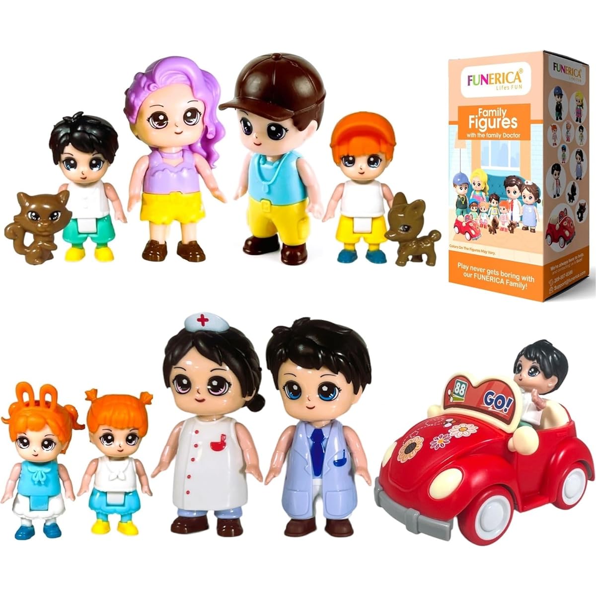 Family Figures Set - Dollhouse Dolls Dad, Mom, Siblings Boy, Girl, Cat, Puppy, Pets, Car - Little People Toys Play Dollhouse Accessories Kids Toy House Play Figures Playset
