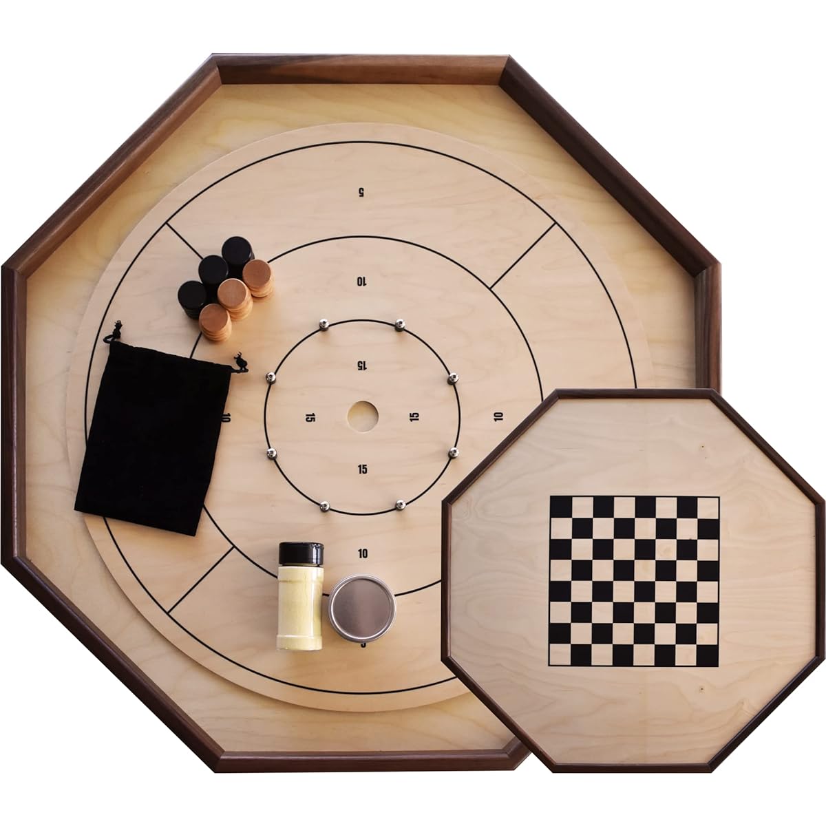 The Deluxe (Walnut Rails) - Traditional Octagonal Crokinole Board Game Set