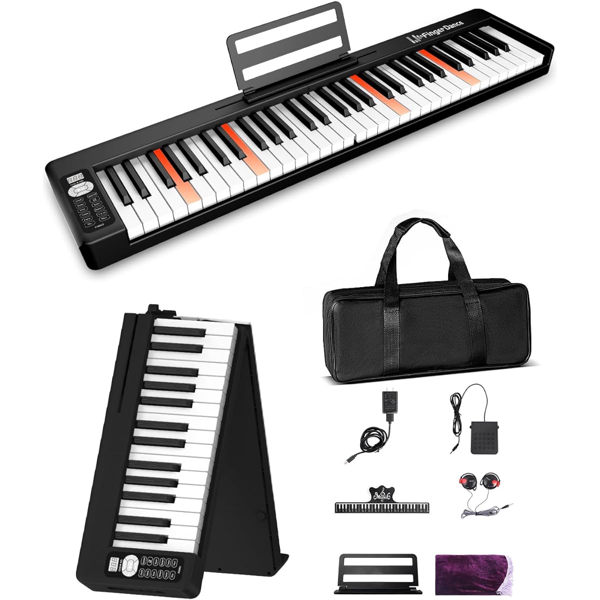 F-X11-61 Key Electronic Piano Keyboard 61 Keys Foldable Portable Wireless MIDI Compatible Beginners Adults Semi-Weighted (Compact Lamp Included, Black)