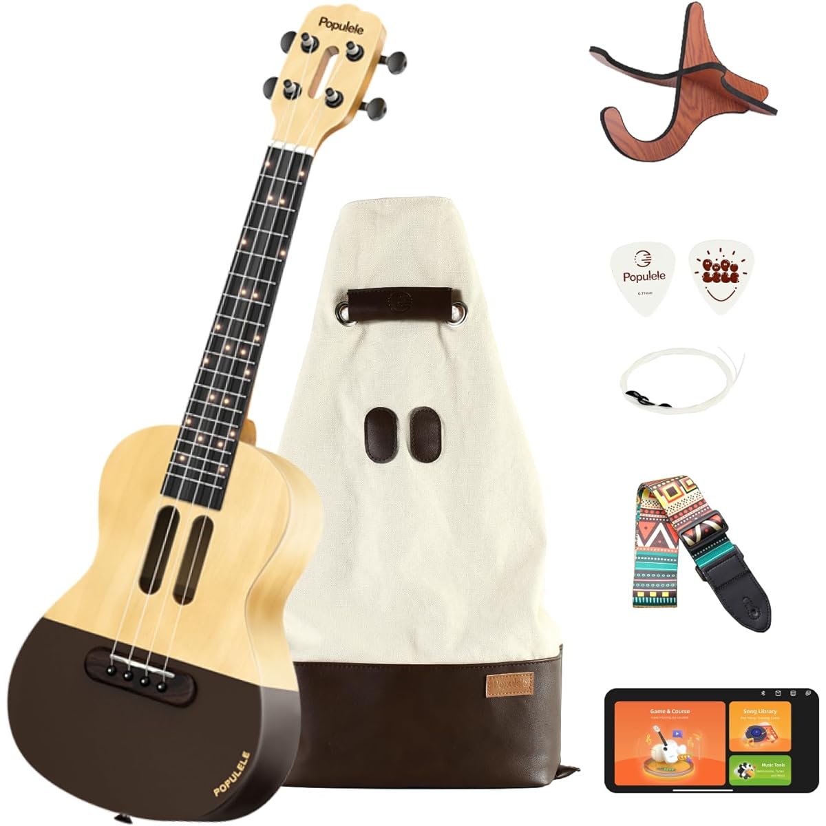 Populele Concert Ukulele for Beginners 23 Inch Smart Ukulele with Intelligent Visual Interactive Exercise Guidance Online Lessons 72LED Auto-Tuning Professional Ukulele