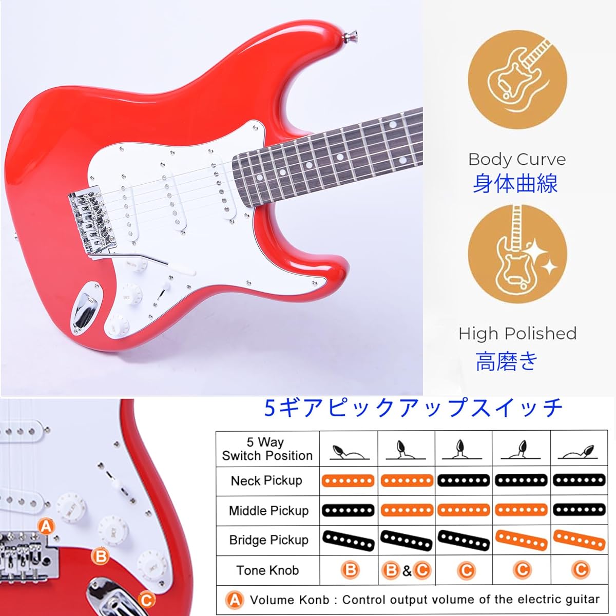 Aryari Electric Guitar Beginner Set Guitar Electric 39 Inch Adult Student [Soft Case/20W Amplifier/Tuner/Strap/Pick/Pick Case/Cross/Adjustment Wrench Included]-6 Strings 39 Inches Right-handed Red