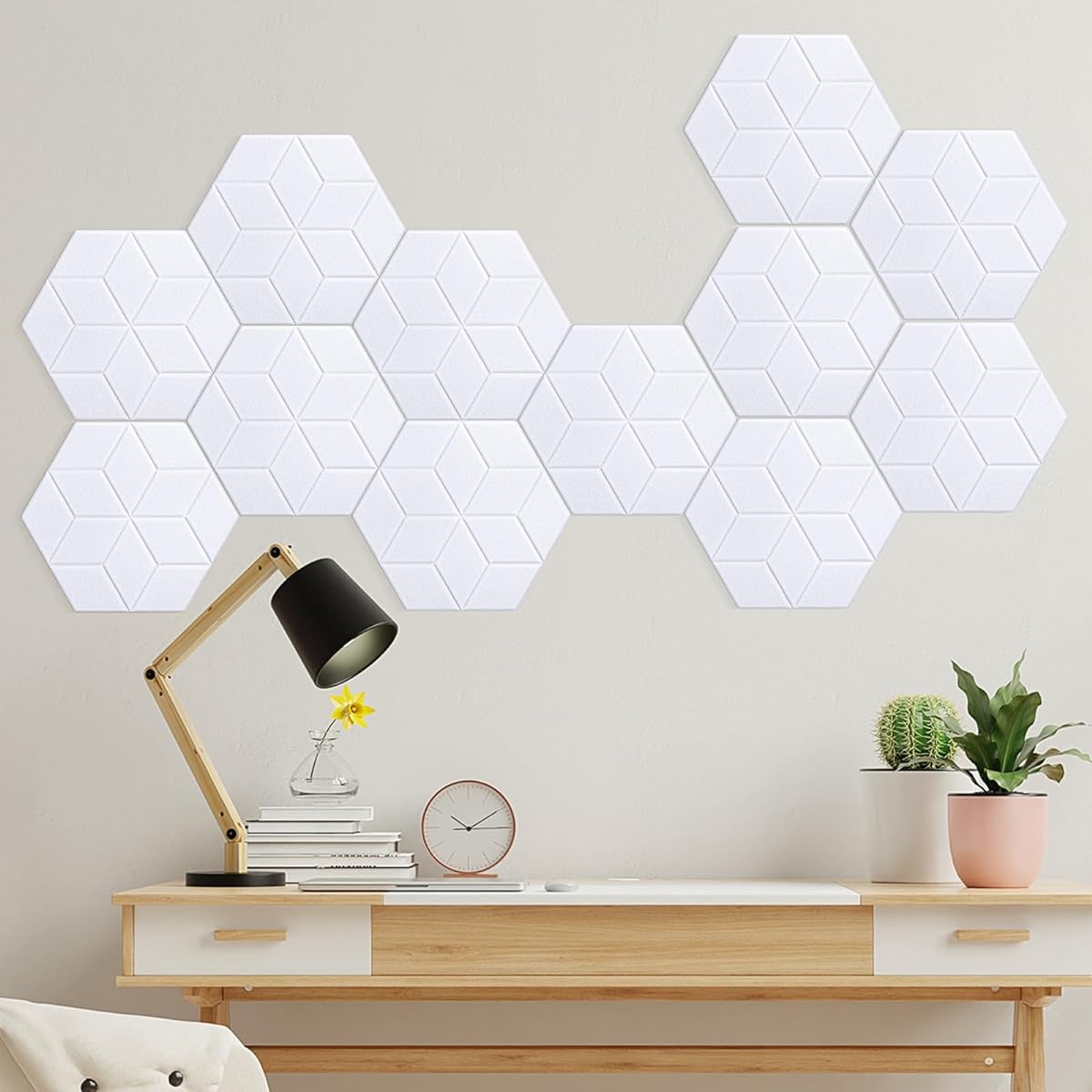 Hanaive 36 Pieces Hexagonal Acoustic Panels 12 x 10 x 0.4 Inch Soundproof Absorption Damping Wall Panel White Noise Canceling Panel Tile Pad for Studio Recording Room Office Home