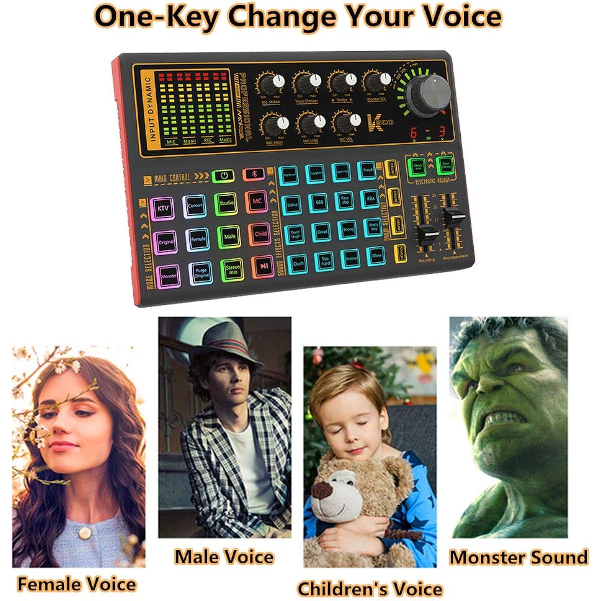SK300 Live Sound Card External Voice Changer Audio Mixer Built-in Rechargeable Battery Multiple Sound Effects for Live Streaming Music Recording Smartphone Computer Game
