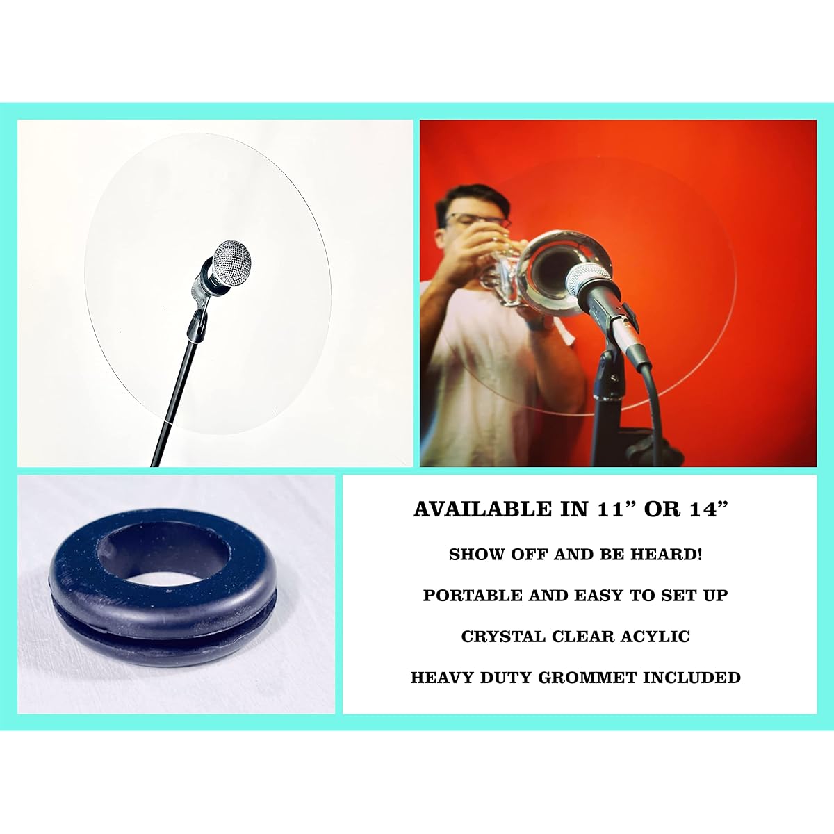 DistinctAndUnique (11" Diameter) Crystal Clear Acrylic Vocal and Horn Deflector Shield: 4 Styles 3mm Rigid Cast for Trumpet Saxophone Trombone Vocal.