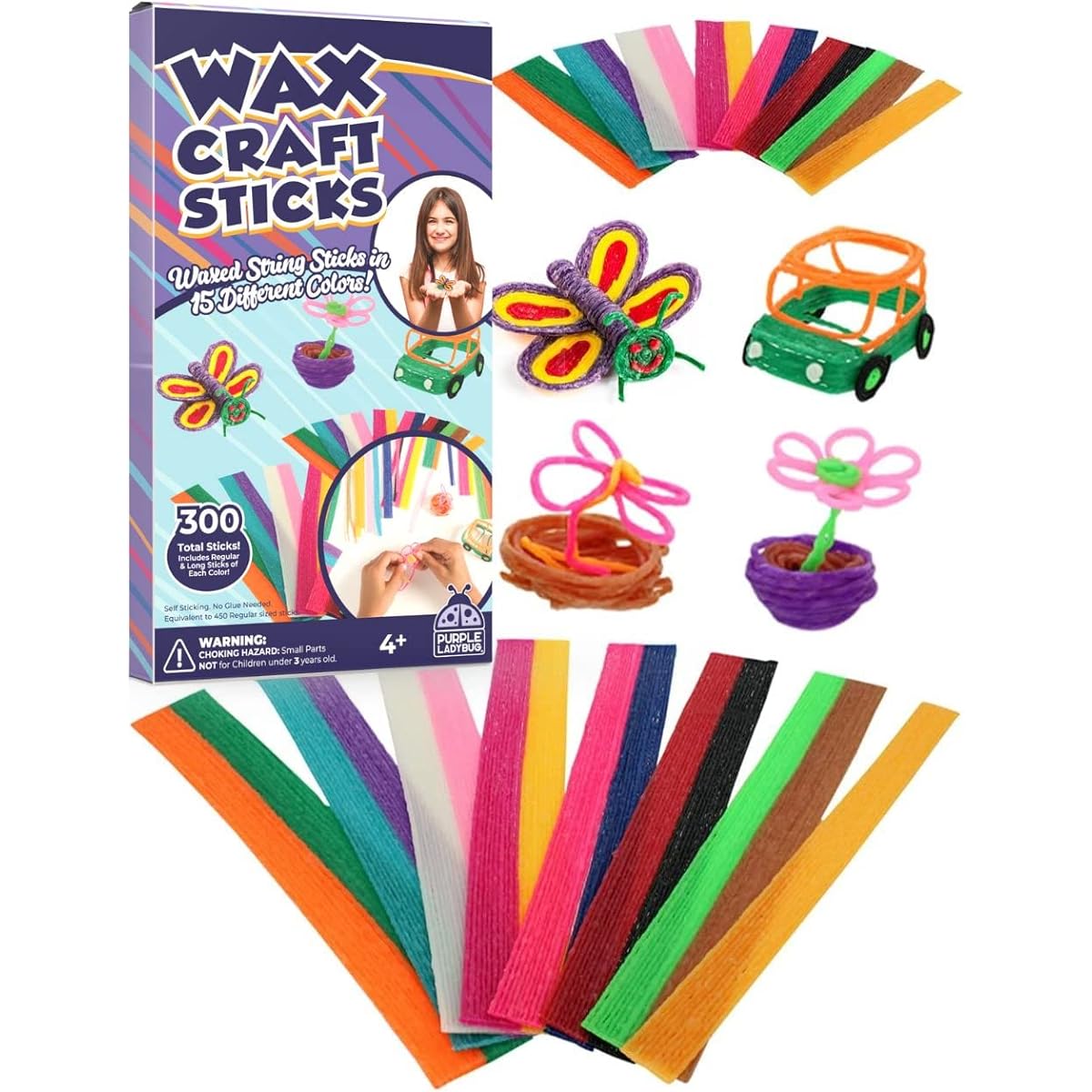 Purple LADYBUG Bendable Wax Craft Sticks for Kids, 15 Colors, 2 Lengths 6 & 12 Inch, 150 of Each, Fun Kids Airplane Activity for Kids Ages 4-8, Car Trip Craft for Kids Ages 8-12
